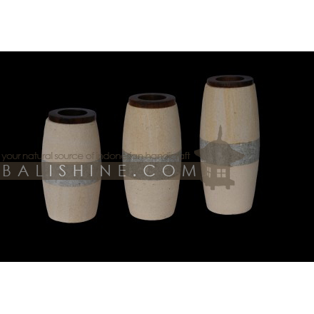 Balishine: Your natural source of indonesian handicraft presents in its Home Decor collection the Candle Holder Set Of 3:13KLG166312:This set of 3 candle holders is produced in Bali and made from natural white paras stone with sono wood..  