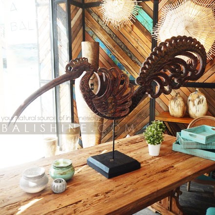 Balishine: Your natural source of indonesian handicraft presents in its Home Decor collection the Antique Long Bird on Stand:12BUR38048:Beautiful handcrafted wooden bird sculpture on stand. A perfect addition to your living room.  