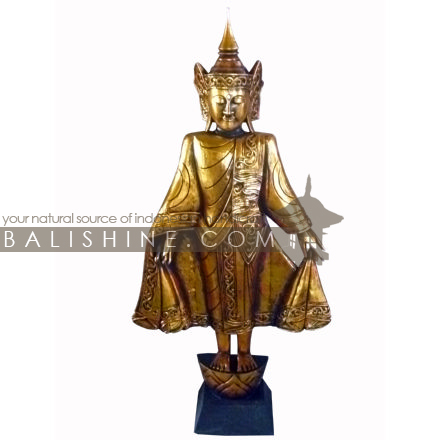 Balishine: Your natural source of indonesian handicraft presents in its Home Decor collection the Budha Keber:12OKA37017:This standing budha is made from albasia wood with glass mosaic finishing.  Antik, silver or gold color available.