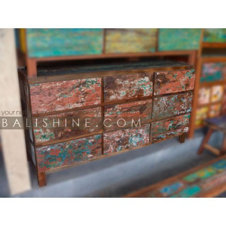 Balishine: Your natural source of indonesian handicraft presents in its Home Decor collection the Chest of Drawers:114FAK656474:This chest of drawers is produced in indonesia, made from old recycled boat wood. It has 9 drawers.  Mixed color