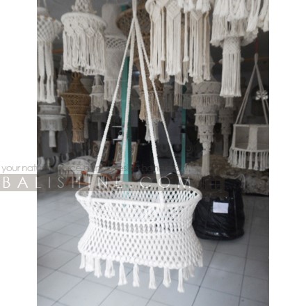 Balishine: Your natural source of indonesian handicraft presents in its Home Decor collection the Hanging Crib:114NUS667985:Our macrame crib is handmade by talented artisans in Bali, indonesia. Each hanging bassinet has a unique look since each one is handmade. The Hanging Crib in Macrame is an amazing sleep solution for newborn to 20 months , great for reflux and colic too. The hanging crib both swings and bounces: motions your infant remembers from the womb... This helps your baby fall asleep effortlessly.  Handmade, natural, 100% cotton. Available in white or light brown color.