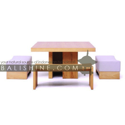 Balishine: Your natural source of indonesian handicraft presents in its Home Decor collection the Set of Ttable, Bench and Pouff:114MNF235930:This set of 1 dining table, 1 bench and 2 pouff  is produced in Indonesia and made from teak wood.  This furniture is made from high quality teak wood grade A premium. Natural, chocolate or dark color.