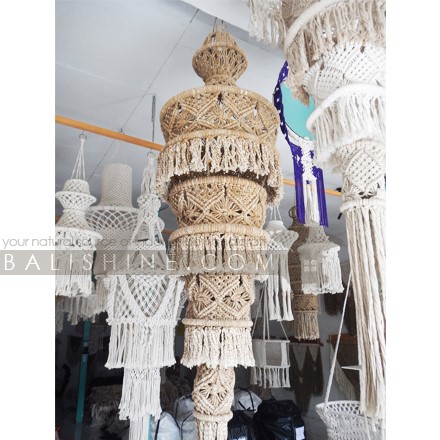 Balishine: Your natural source of indonesian handicraft presents in its Home Decor collection the Bohemian Fiber Macrame Lampshade:13NUS867979:A unique macrame chandelier design. With this macrame hanging lamp shade you'll instantly add a bohemian vibe to your room and it will really warm up a space. It is great for a bedroom, living area, boho wedding background or anywhere where you'd like to bring some texture and interest to your walls.  Handmade, natural, 100% cotton. Available in white or light brown color.
