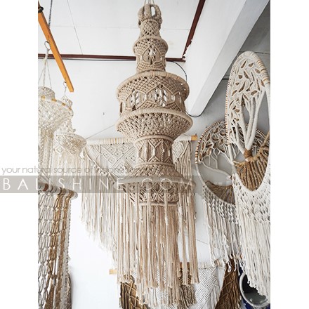 Balishine: Your natural source of indonesian handicraft presents in its Home Decor collection the Boho Fiber Macrame Lampshade:13NUS867978:A unique macrame chandelier design. With this macrame hanging lamp shade you'll instantly add a bohemian vibe to your room and it will really warm up a space. It is great for a bedroom, living area, boho wedding background or anywhere where you'd like to bring some texture and interest to your walls.  Handmade, natural, 100% cotton. Available in white or light brown color.