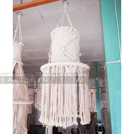 Balishine: Your natural source of indonesian handicraft presents in its Home Decor collection the Ibiza Fiber Macrame Lampshade:13NUS867990:A unique macrame chandelier design. With this macrame hanging lamp shade you'll instantly add a bohemian vibe to your room and it will really warm up a space. It is great for a bedroom, living area, boho wedding background or anywhere where you'd like to bring some texture and interest to your walls.  Handmade, natural, 100% cotton. Available in white or light brown color.