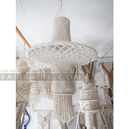 Balishine: Your natural source of indonesian handicraft presents in its Home Decor collection the Sumatra Macrame Lampshade:13NUS867974:A unique macrame chandelier design. With this macrame hanging lamp shade you'll instantly add a bohemian vibe to your room and it will really warm up a space. It is great for a bedroom, living area, boho wedding background or anywhere where you'd like to bring some texture and interest to your walls.  Handmade, natural, 100% cotton. Available in white or light brown color.