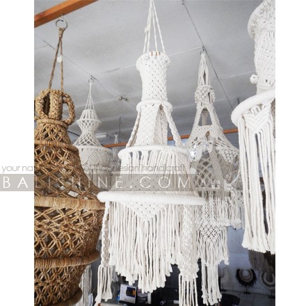 Balishine: Your natural source of indonesian handicraft presents in its Home Decor collection the Zanzibar Fiber Macrame Lampshade:13NUS867991:A unique macrame chandelier design. With this macrame hanging lamp shade you'll instantly add a bohemian vibe to your room and it will really warm up a space. It is great for a bedroom, living area, boho wedding background or anywhere where you'd like to bring some texture and interest to your walls.  Handmade, natural, 100% cotton. Available in white or light brown color.