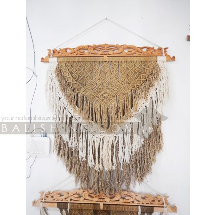 Balishine: Your natural source of indonesian handicraft presents in its Home Decor collection the Blora Boho Chic Macrame Wall Art:17NUS507998:This macrame wall hanging, simple and elegant design, meticulously handcrafted, will become a great gift for a person who enjoys bohemian, western or ethnic style in their home.Perfect for wedding favors, bridal shower favors or bohemian themed parties, boho wall decoration, kids bedroom, birthday gift, etc.  Handmade, natural, 100% cotton. Made with natural carved teak wood.