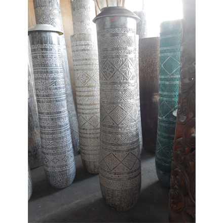 Balishine: Your natural source of indonesian handicraft presents in its Outdoor collection the Palm Wooden Pot black Wash with Carving:242JAT8255:Beautifully made and designed are these palm wooden pots. Made from wood finished in a natural white wash with carving.  Please note as this item is hand made there will be slight variances in the wood staining as this is what makes them unique.